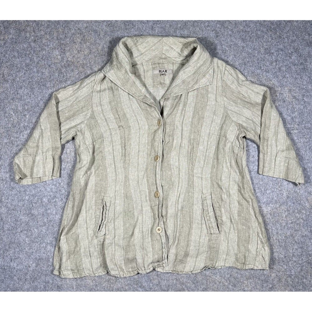 FLAX Linen Button Up Shirt Women’s XL Oatmeal Lagenlook 3/4 Sleeve Striped Tunic